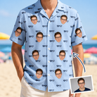 Man wearing Men's Tri-Tone Tints Custom Face Hawaiian Shirt — custom faces printed all-over
