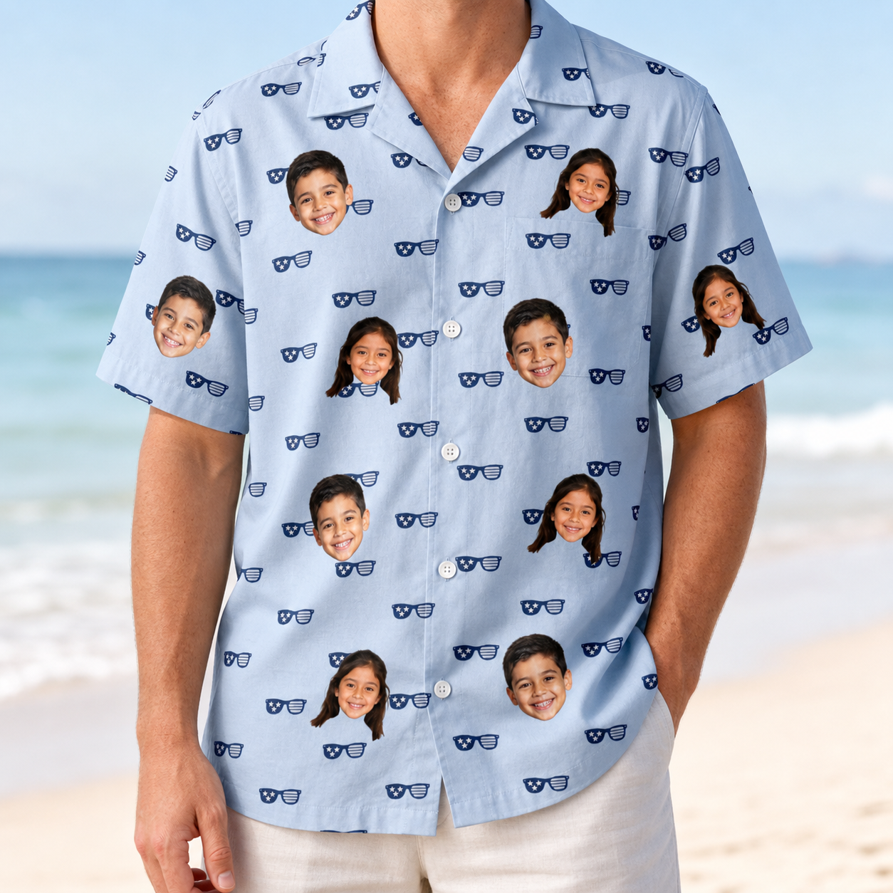 Model wearing Men's Tri-Tone Tints Custom Face Hawaiian Shirt printed with kids' faces