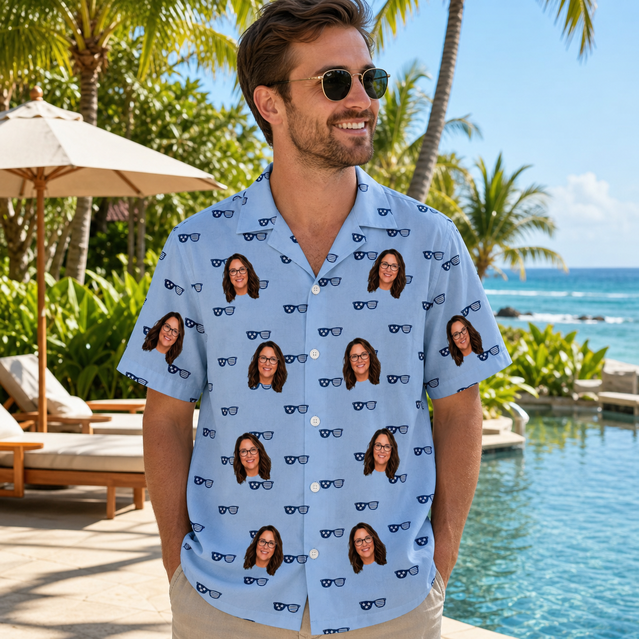 Real-life photo of someone wearing Men's Tri-Tone Tints Custom Face Hawaiian Shirt — custom faces printed all-over