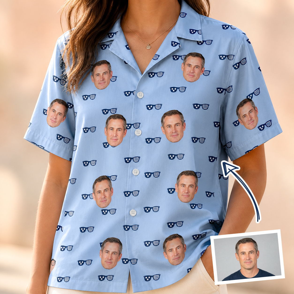 Woman wearing Women's Tri-Tone Tints Custom Face Hawaiian Shirt — custom faces printed all-over