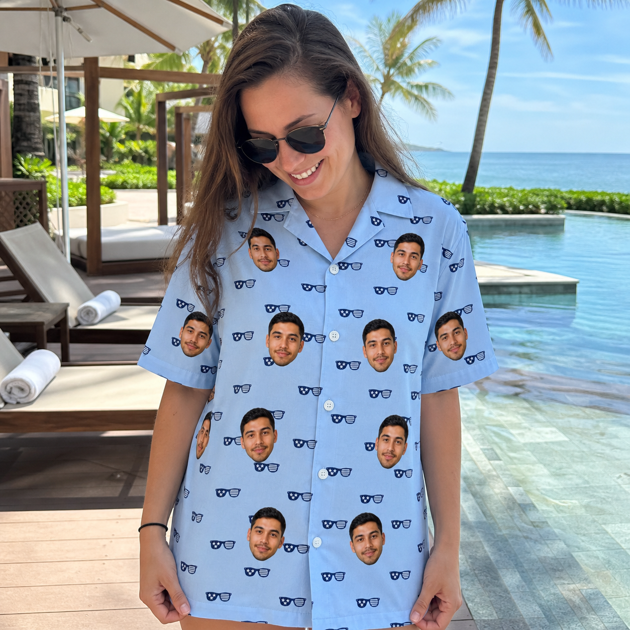 Real-life photo of someone wearing Women's Tri-Tone Tints Custom Face Hawaiian Shirt — custom faces printed all-over