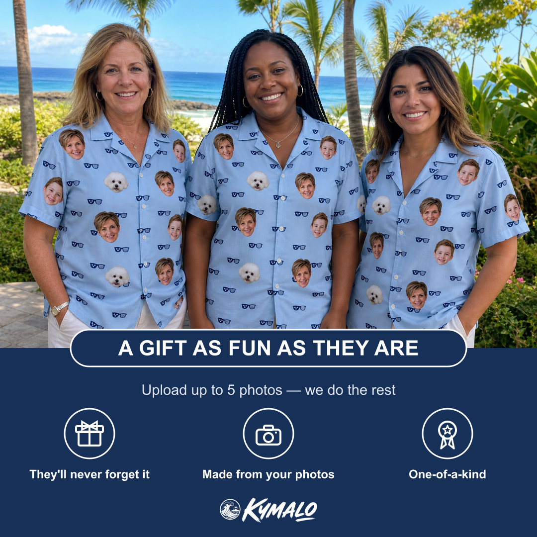 Friends in matching Women's Tri-Tone Tints Custom Face Hawaiian Shirt — a group gift photo