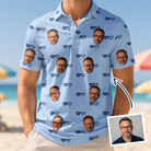 Man wearing Men's Tri-Tone Tints Custom Face Polo Shirt — custom faces printed all-over