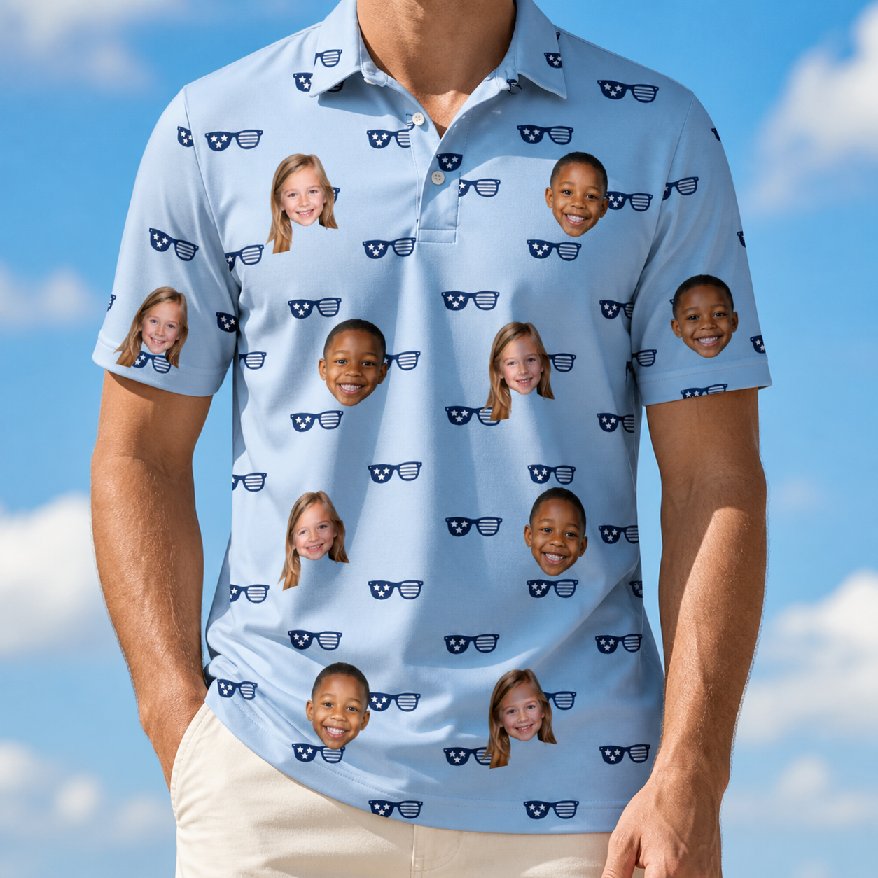 Model wearing Men's Tri-Tone Tints Custom Face Polo Shirt printed with kids' faces