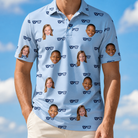 Model wearing Men's Tri-Tone Tints Custom Face Polo Shirt printed with kids' faces