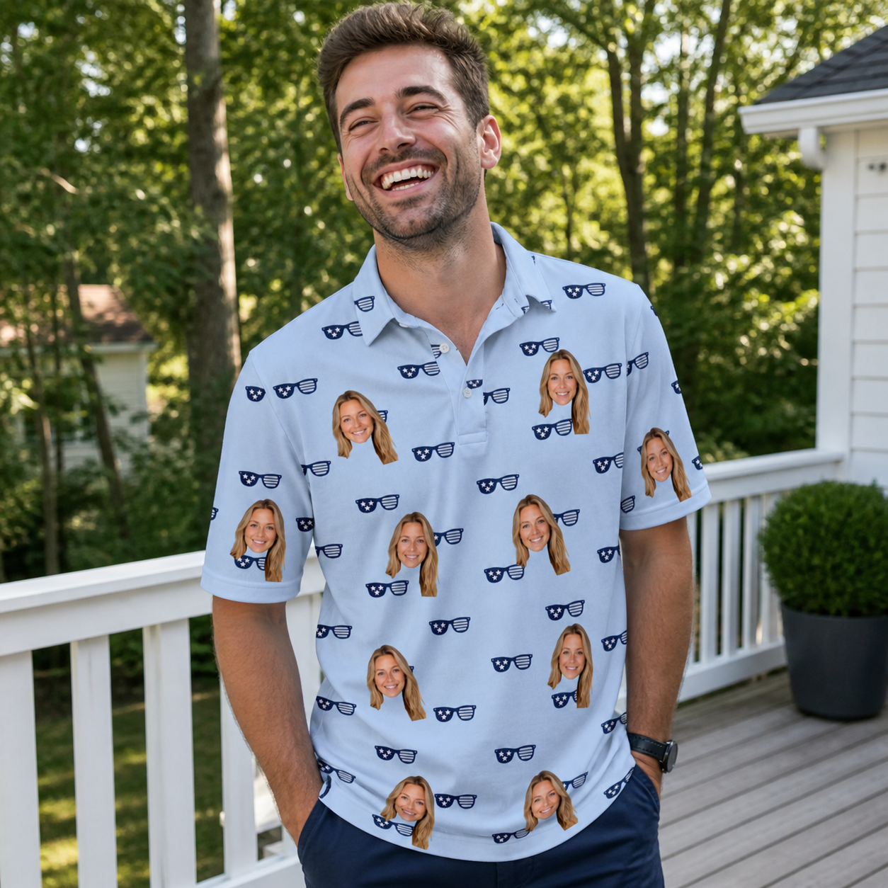Real-life photo of someone wearing Men's Tri-Tone Tints Custom Face Polo Shirt — custom faces printed all-over