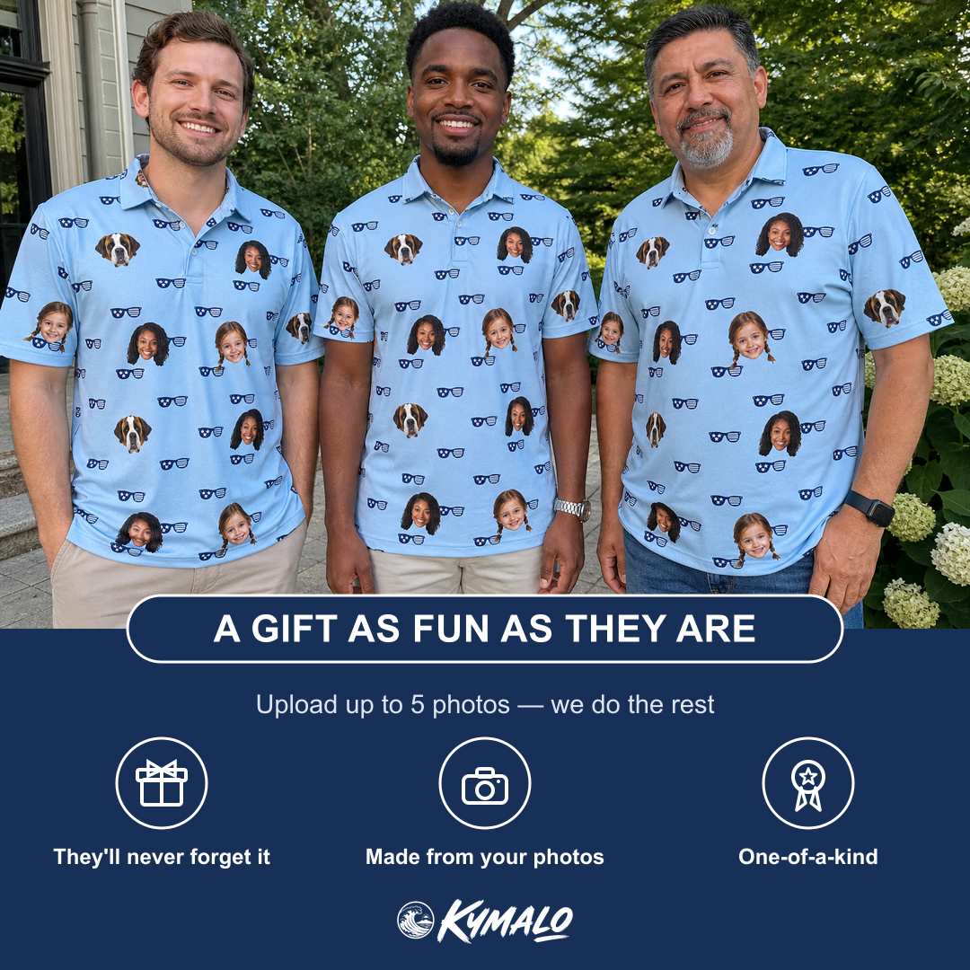 Friends in matching Men's Tri-Tone Tints Custom Face Polo Shirt — a group gift photo