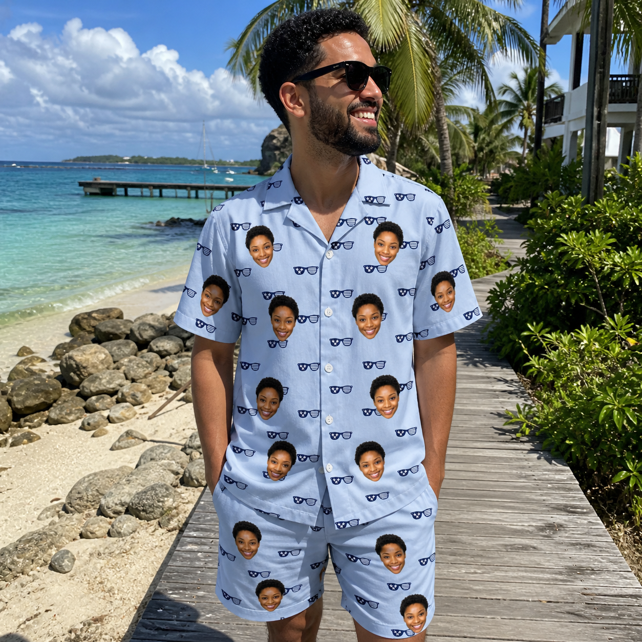 Real-life photo of someone wearing Men's Tri-Tone Tints Custom Face Shirt & Shorts Set — custom faces printed all-over