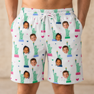 Model wearing Men's Lady Landmark Custom Face Beach Shorts printed with kids' faces