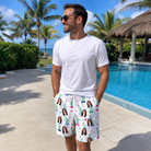 Real-life photo of someone wearing Men's Lady Landmark Custom Face Beach Shorts — custom faces printed all-over