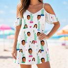 Model wearing Women's Lady Landmark Custom Face Off-Shoulder Dress printed with kids' faces