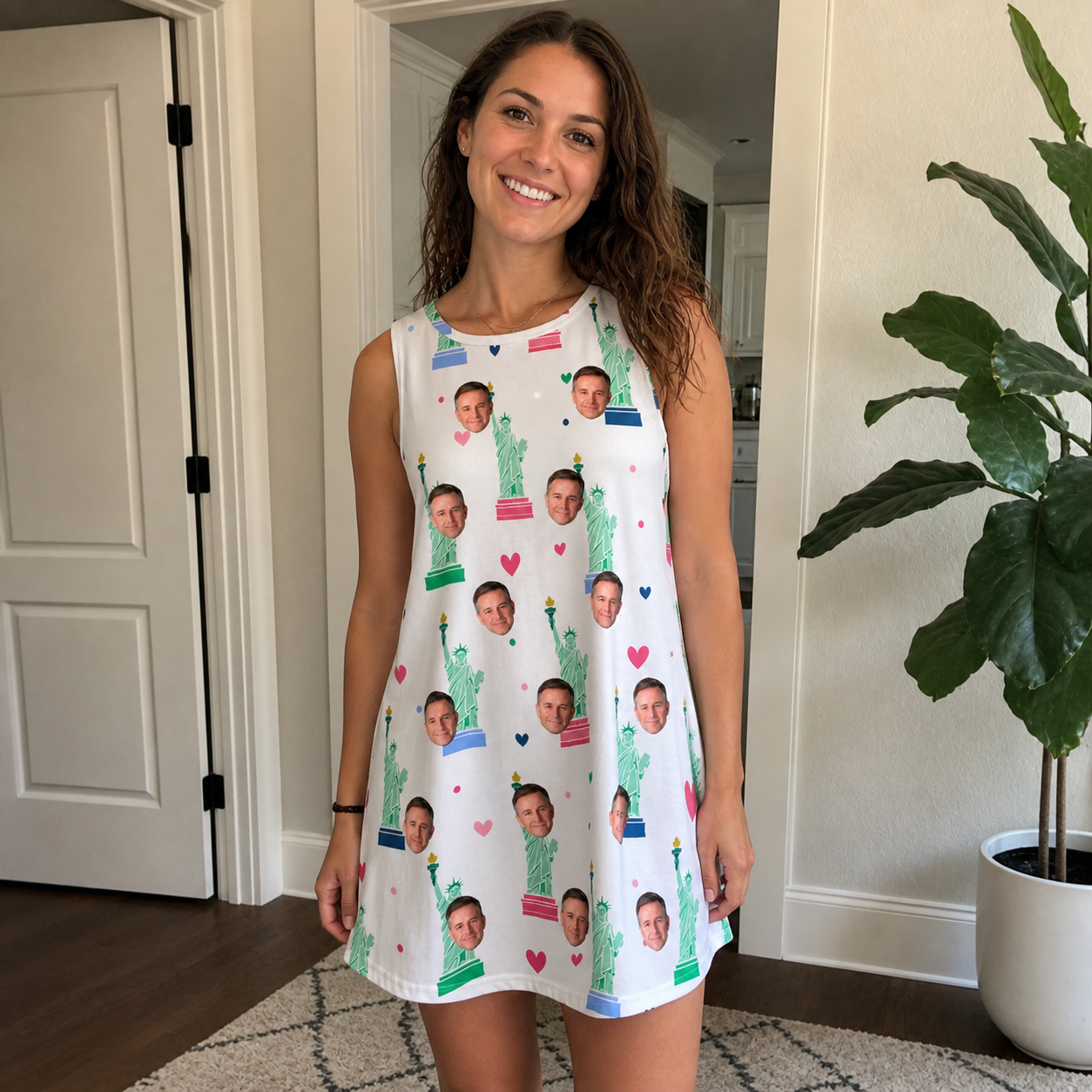 Real-life photo of someone wearing Women's Lady Landmark Custom Face Tank Dress — custom faces printed all-over