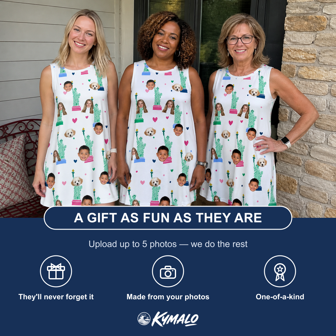 Friends in matching Women's Lady Landmark Custom Face Tank Dress — a group gift photo