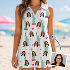 Woman wearing Women's Lady Landmark Custom Face V-Neck Dress — custom faces printed all-over