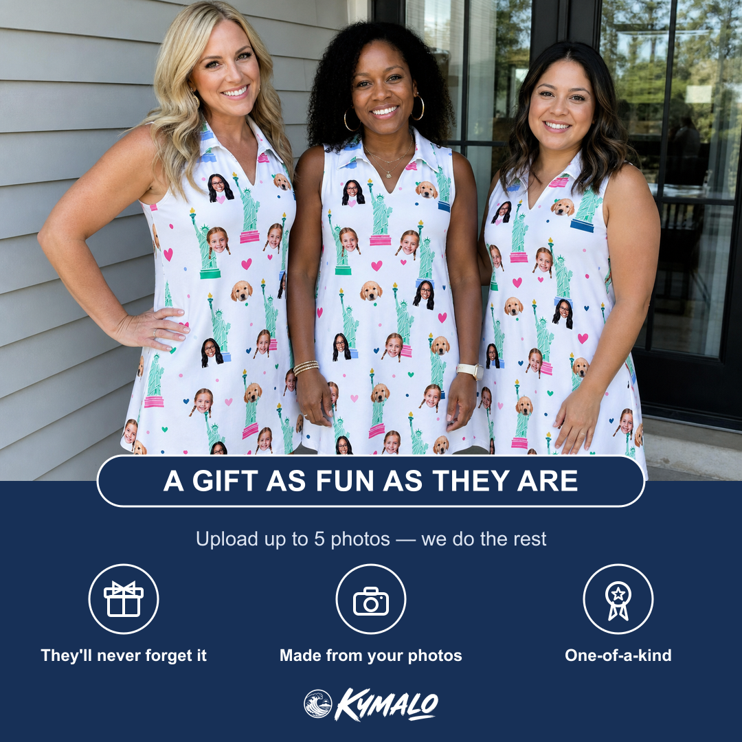 Friends in matching Women's Lady Landmark Custom Face V-Neck Dress — a group gift photo