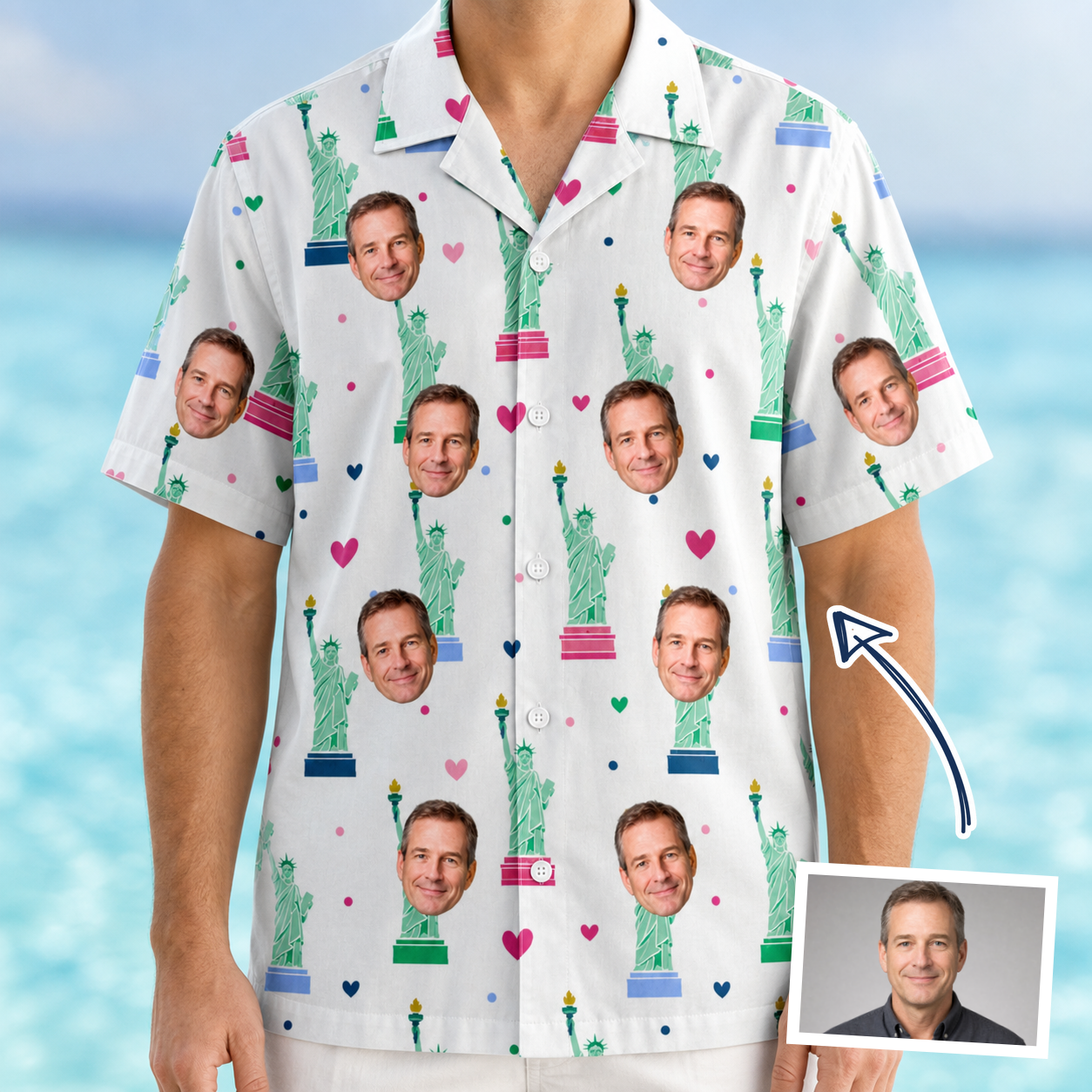 Man wearing Men's Lady Landmark Custom Face Hawaiian Shirt — custom faces printed all-over