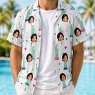 Man wearing Men's Lady Landmark Custom Face Hawaiian Shirt open over a white tee