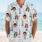 Model wearing Men's Lady Landmark Custom Face Hawaiian Shirt printed with kids' faces