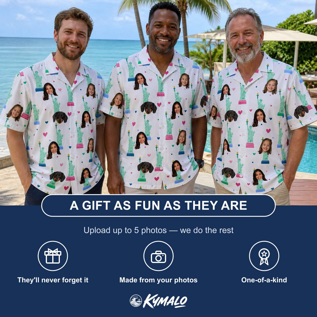 Friends in matching Men's Lady Landmark Custom Face Hawaiian Shirt — a group gift photo
