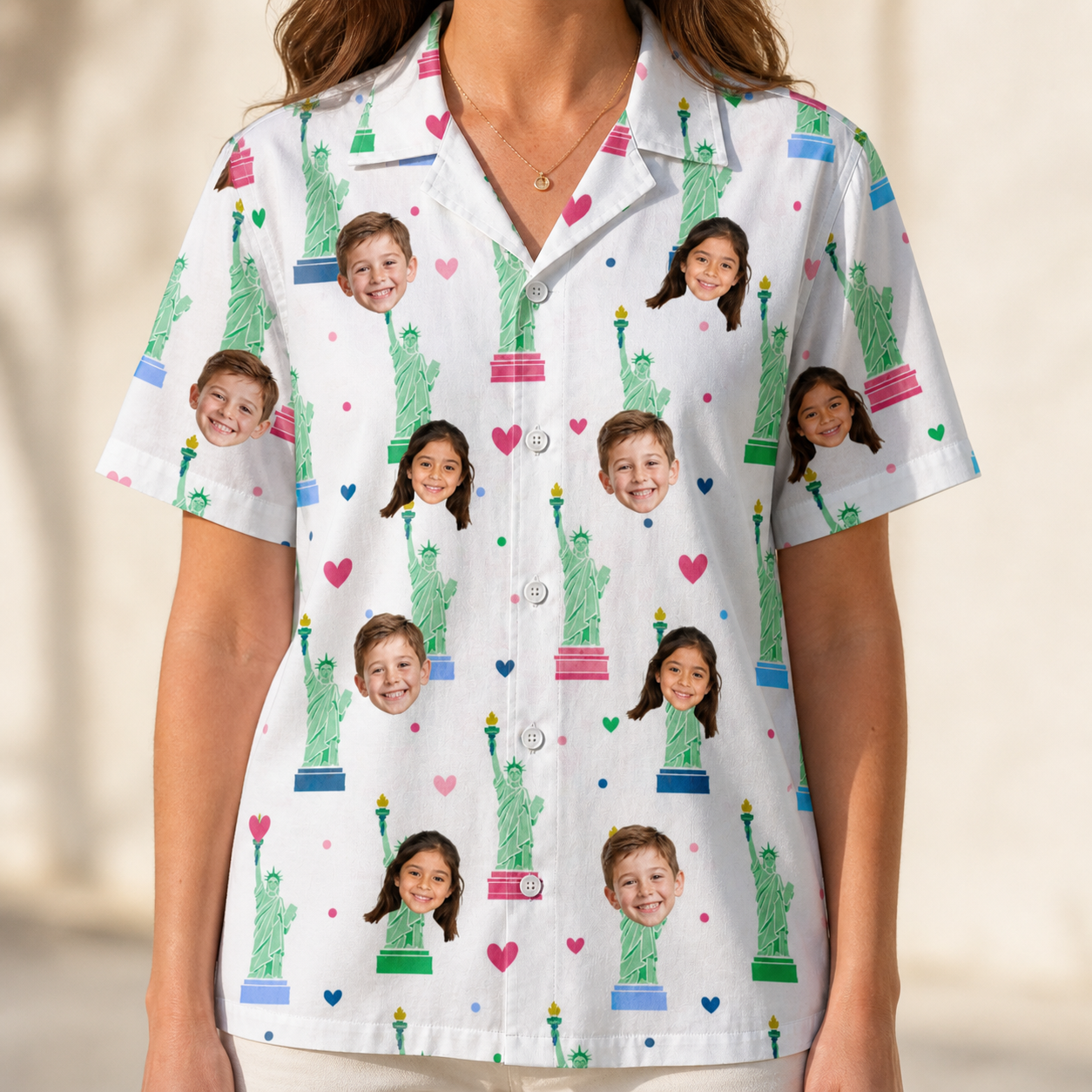 Model wearing Women's Lady Landmark Custom Face Hawaiian Shirt printed with kids' faces