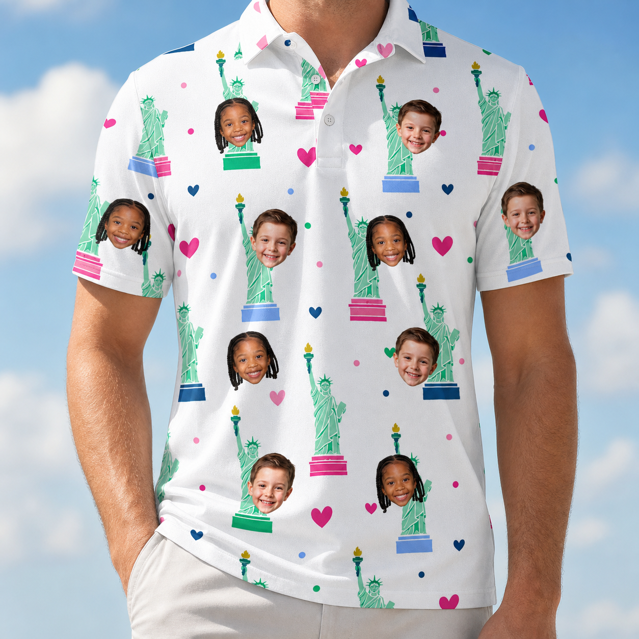 Model wearing Men's Lady Landmark Custom Face Polo Shirt printed with kids' faces