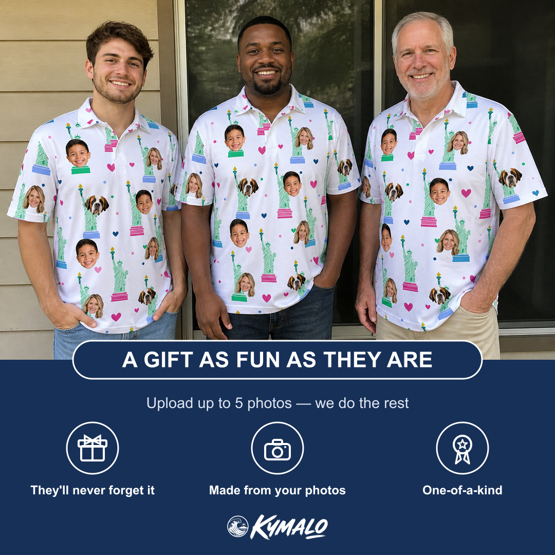 Friends in matching Men's Lady Landmark Custom Face Polo Shirt — a group gift photo