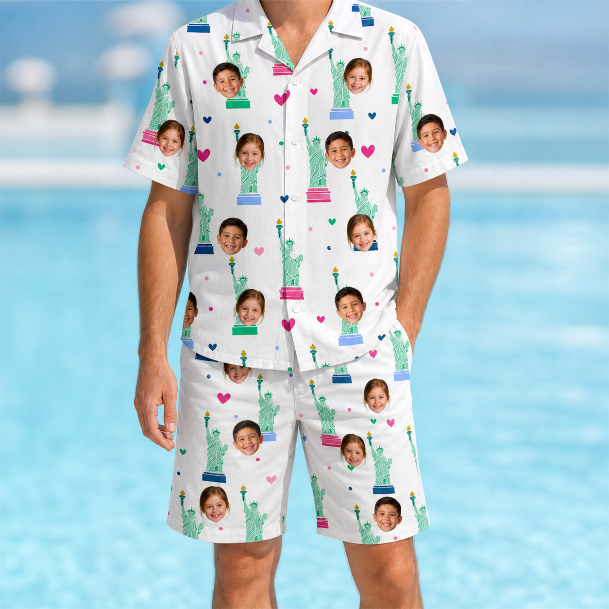 Model wearing Men's Lady Landmark Custom Face Shirt & Shorts Set printed with kids' faces