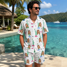 Real-life photo of someone wearing Men's Lady Landmark Custom Face Shirt & Shorts Set — custom faces printed all-over