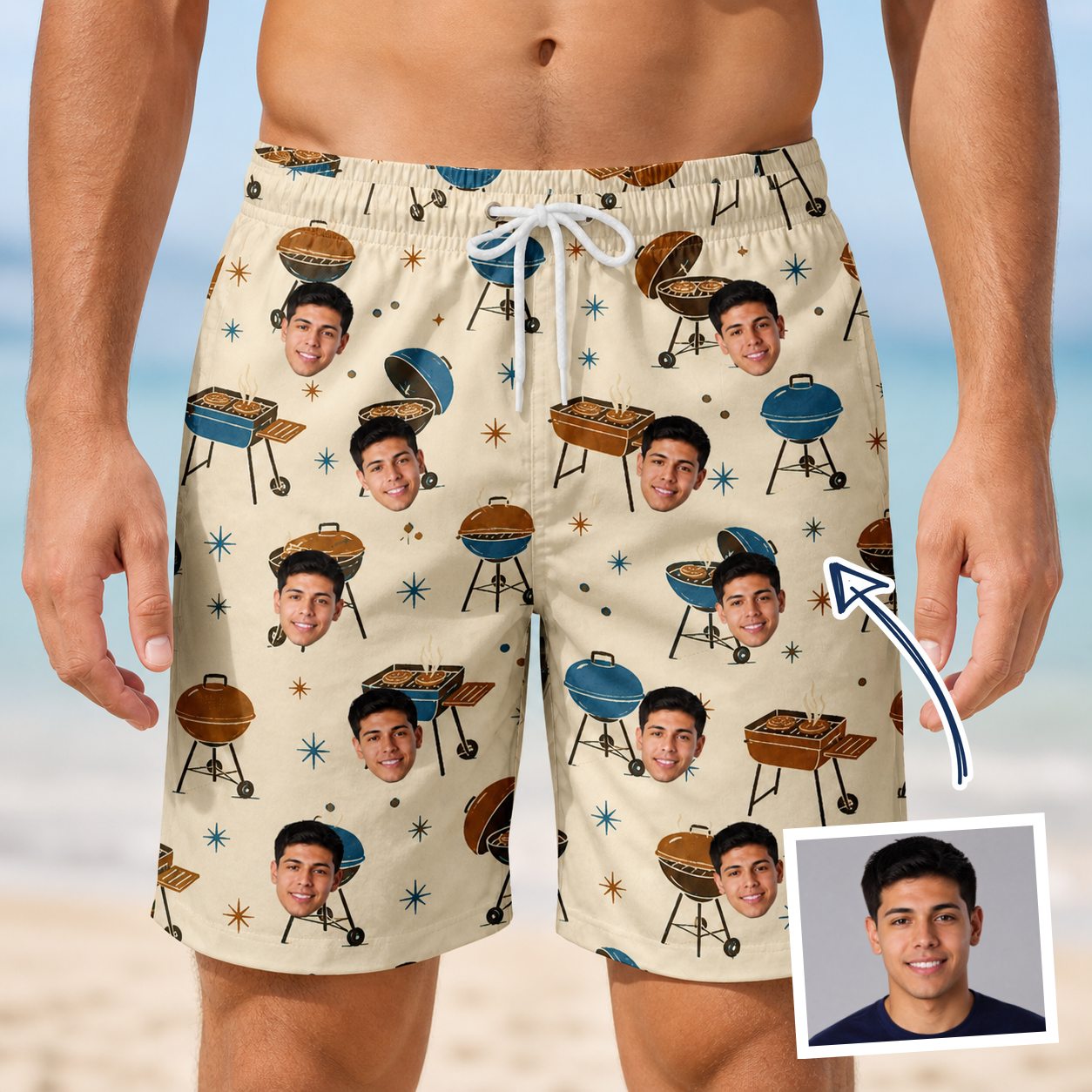 Man wearing Men's Sovereign Sizzle Custom Face Beach Shorts — custom faces printed all-over