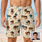 Man wearing Men's Sovereign Sizzle Custom Face Beach Shorts — custom faces printed all-over
