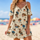 Model wearing Women's Sovereign Sizzle Custom Face Off-Shoulder Dress printed with kids' faces