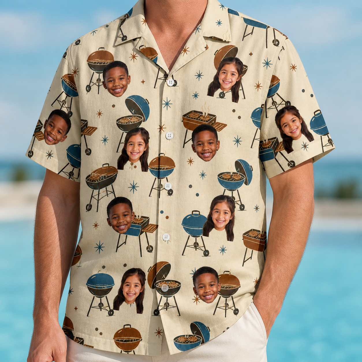 Model wearing Men's Sovereign Sizzle Custom Face Hawaiian Shirt printed with kids' faces