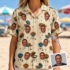 Woman wearing Women's Sovereign Sizzle Custom Face Hawaiian Shirt — custom faces printed all-over