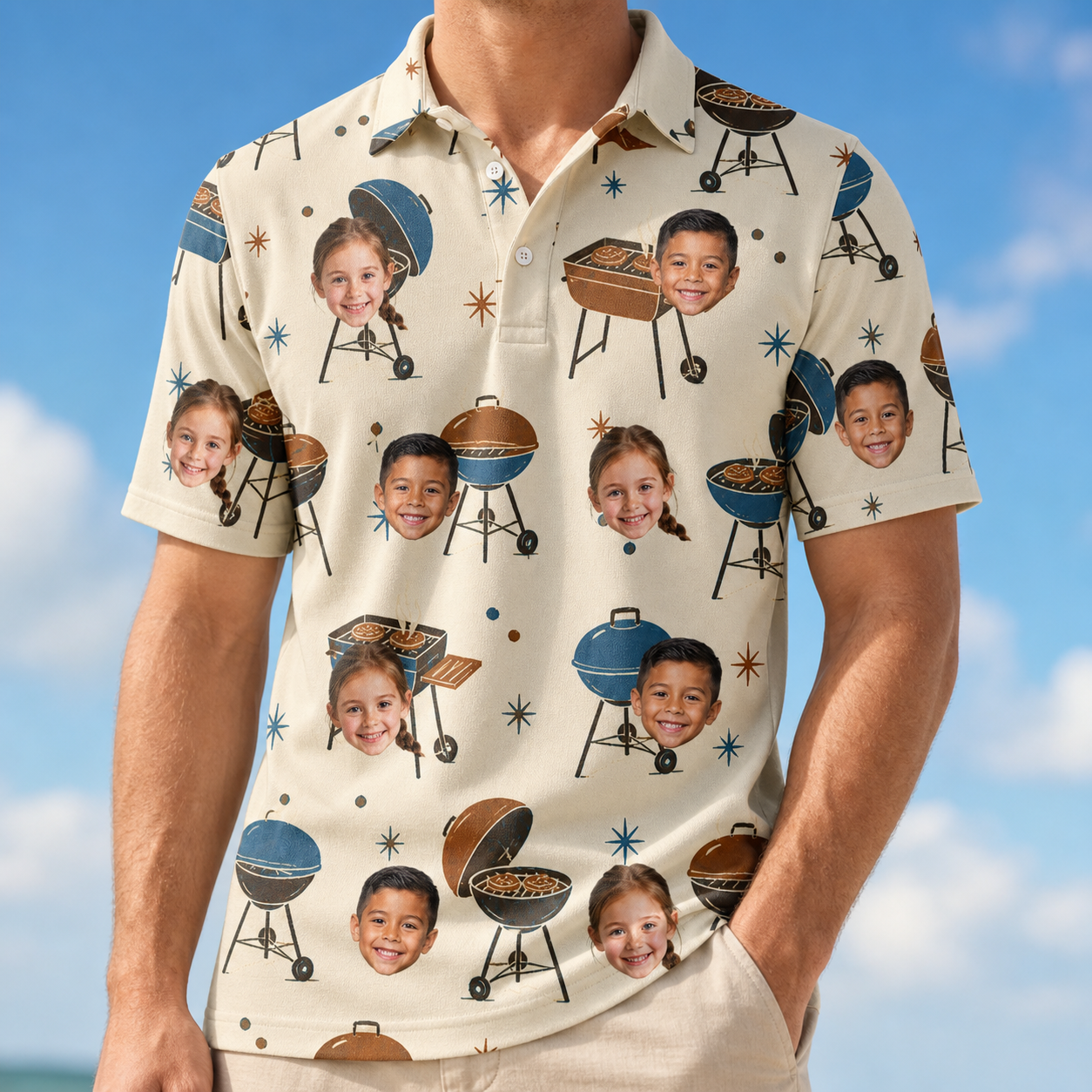 Model wearing Men's Sovereign Sizzle Custom Face Polo Shirt printed with kids' faces