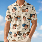 Model wearing Men's Sovereign Sizzle Custom Face Polo Shirt printed with kids' faces