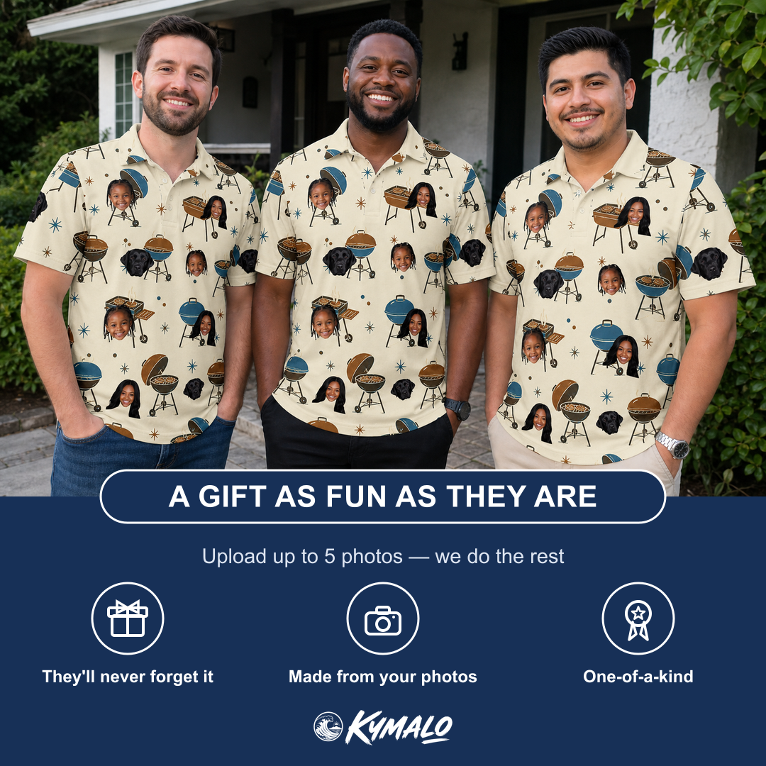 Friends in matching Men's Sovereign Sizzle Custom Face Polo Shirt — a group gift photo