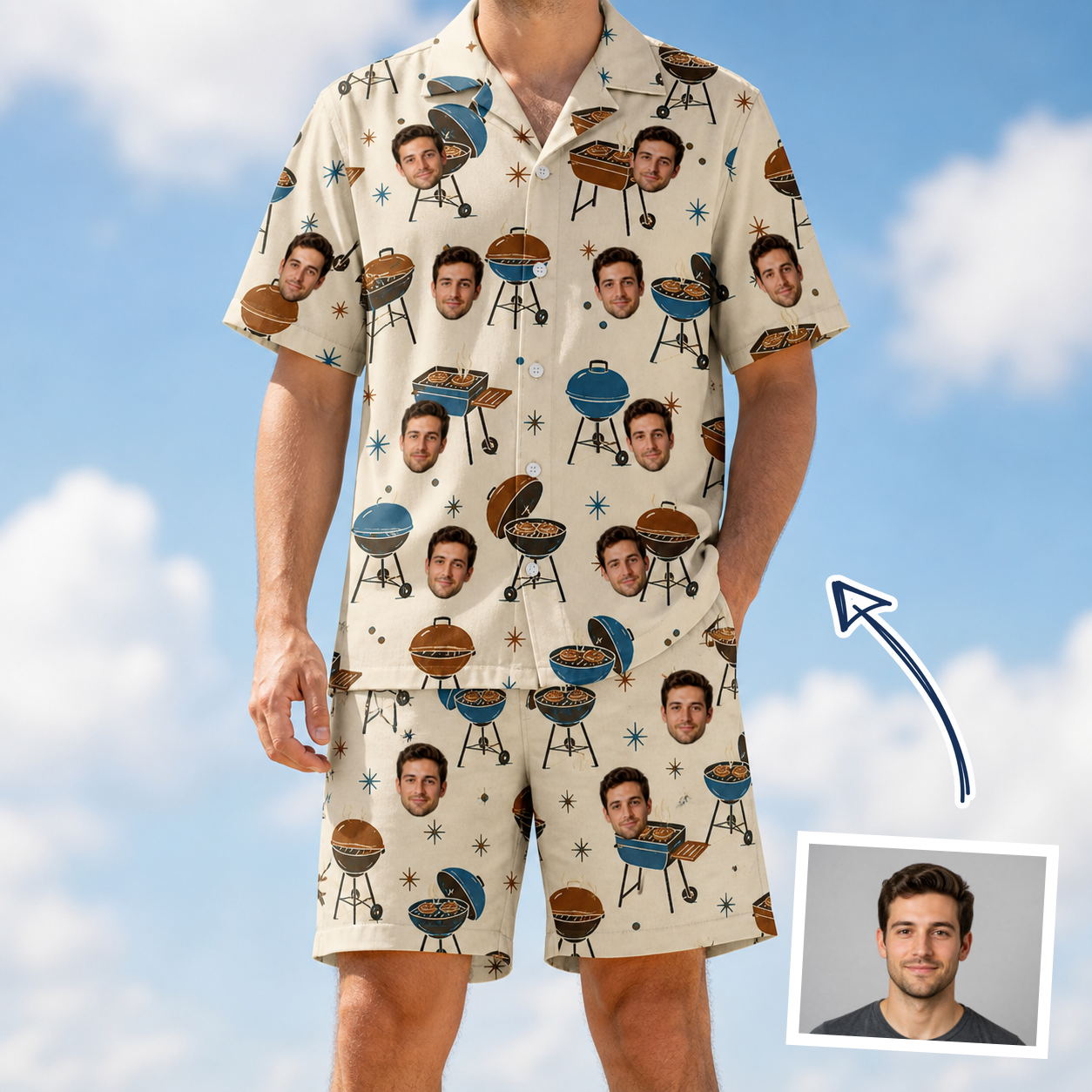 Man wearing Men's Sovereign Sizzle Custom Face Shirt & Shorts Set — custom faces printed all-over