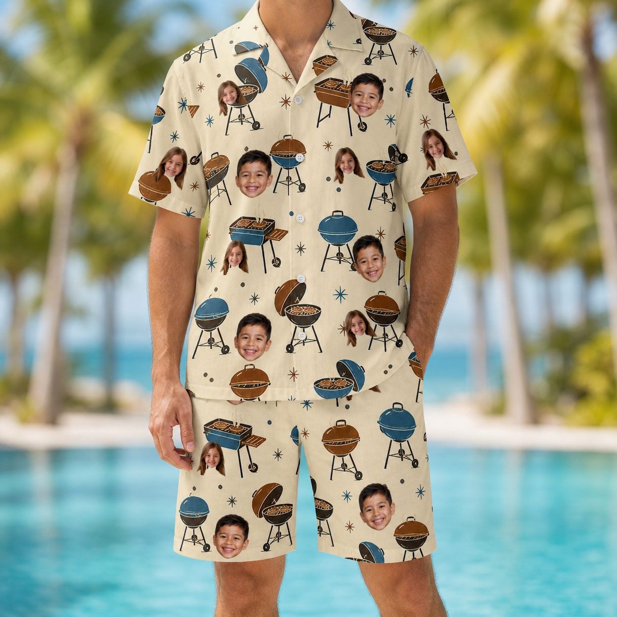 Model wearing Men's Sovereign Sizzle Custom Face Shirt & Shorts Set printed with kids' faces
