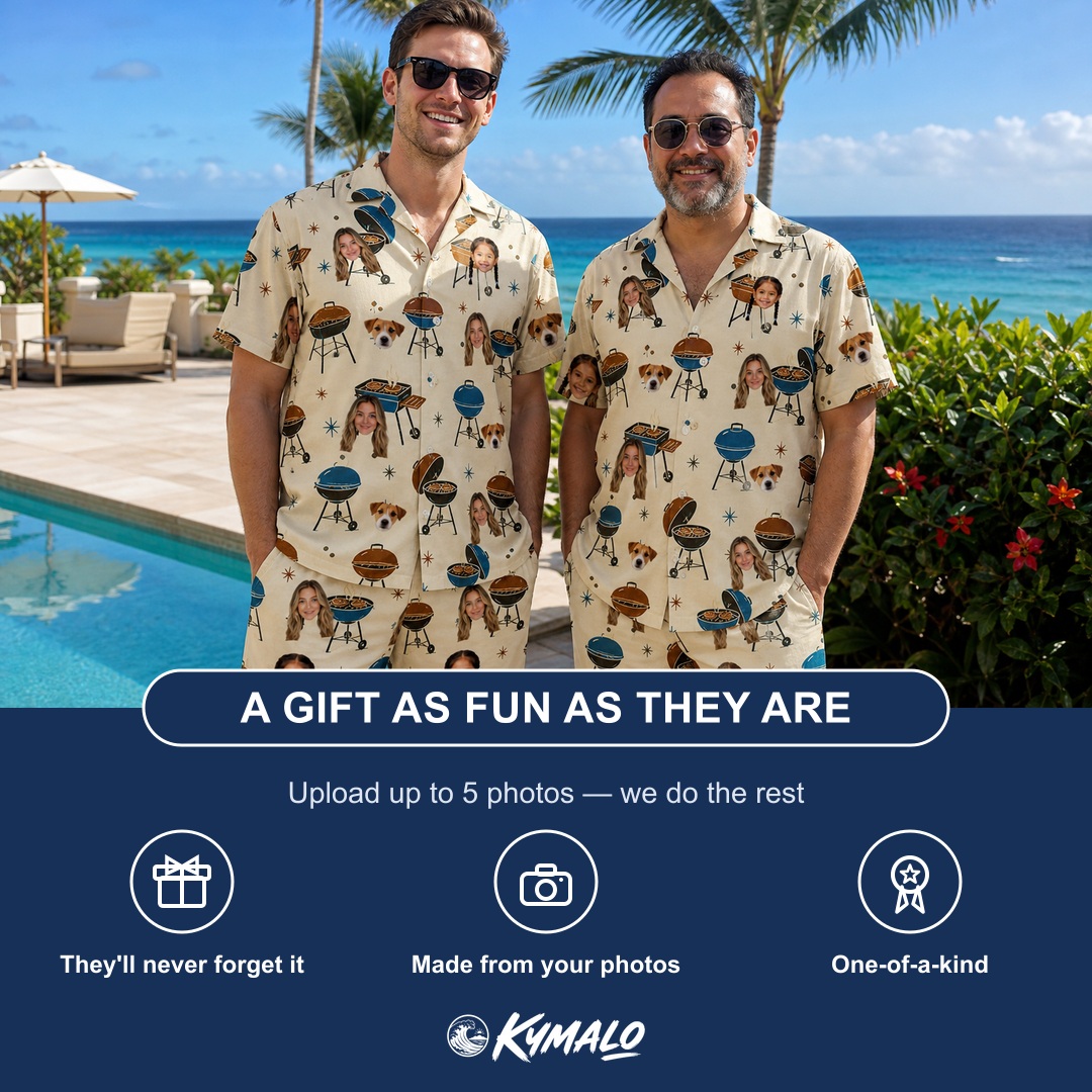 Friends in matching Men's Sovereign Sizzle Custom Face Shirt & Shorts Set — a group gift photo