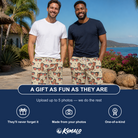 Friends in matching Men's Indie Optics Custom Face Beach Shorts — a group gift photo