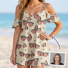 Woman wearing Women's Indie Optics Custom Face Off-Shoulder Dress — custom faces printed all-over