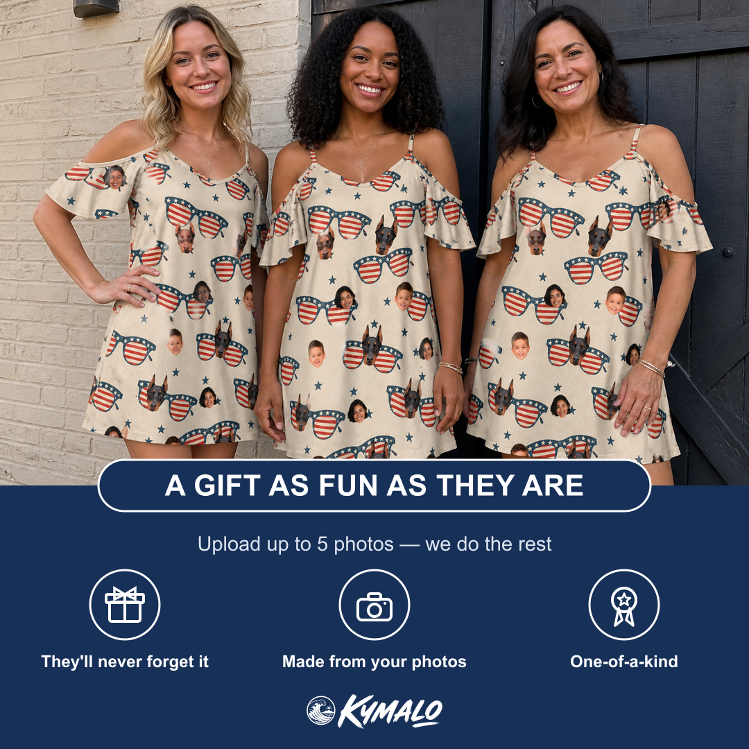 Friends in matching Women's Indie Optics Custom Face Off-Shoulder Dress — a group gift photo