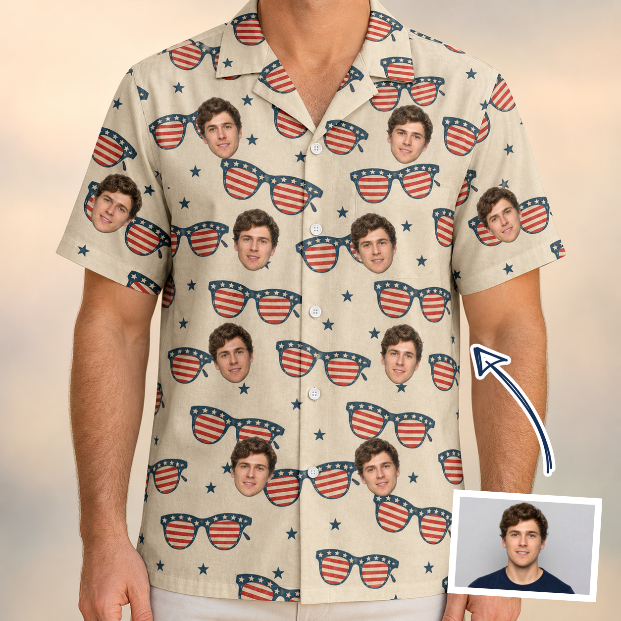 Man wearing Men's Indie Optics Custom Face Hawaiian Shirt — custom faces printed all-over