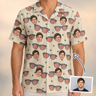 Man wearing Men's Indie Optics Custom Face Hawaiian Shirt — custom faces printed all-over