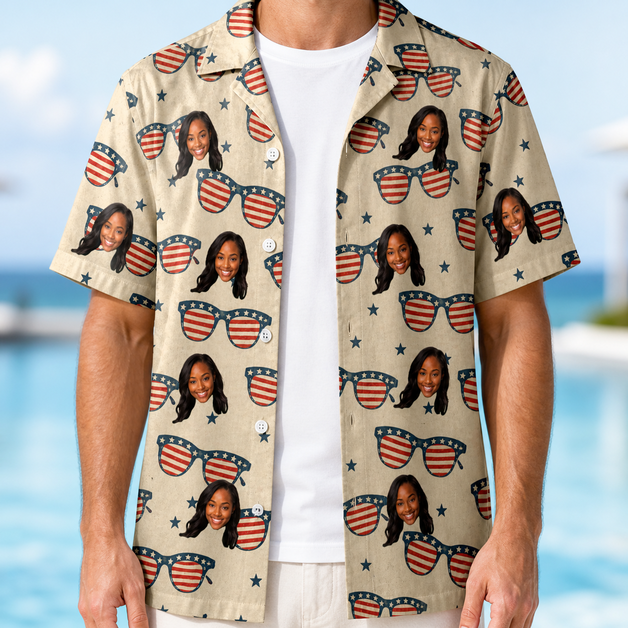 Man wearing Men's Indie Optics Custom Face Hawaiian Shirt open over a white tee