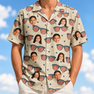 Model wearing Men's Indie Optics Custom Face Hawaiian Shirt printed with kids' faces