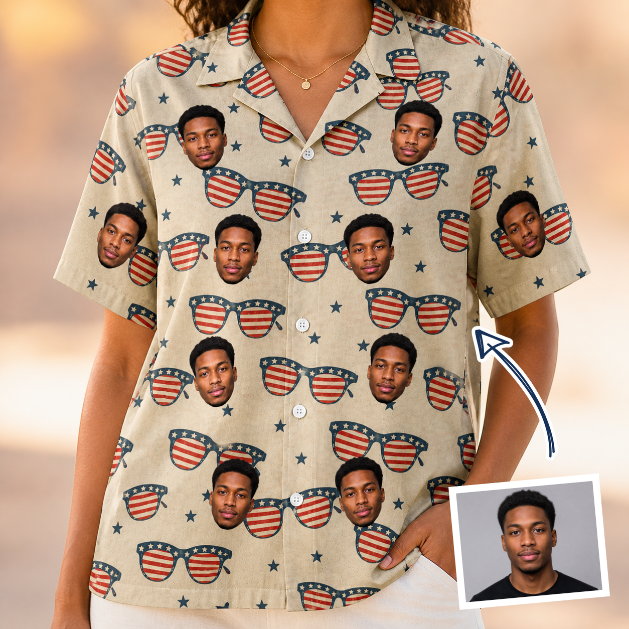 Woman wearing Women's Indie Optics Custom Face Hawaiian Shirt — custom faces printed all-over
