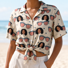 Woman wearing Women's Indie Optics Custom Face Hawaiian Shirt tied at the waist