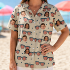 Model wearing Women's Indie Optics Custom Face Hawaiian Shirt printed with kids' faces