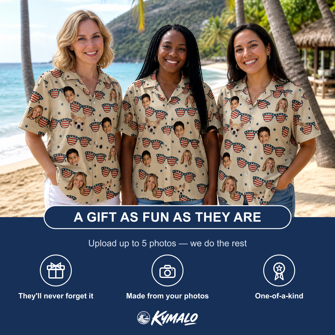 Friends in matching Women's Indie Optics Custom Face Hawaiian Shirt — a group gift photo